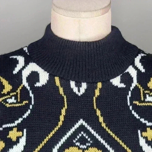 80s Vintage Paisley Sweater 90s Gold Black White Metallic Geometric Size M or L - Picture 4 of 8